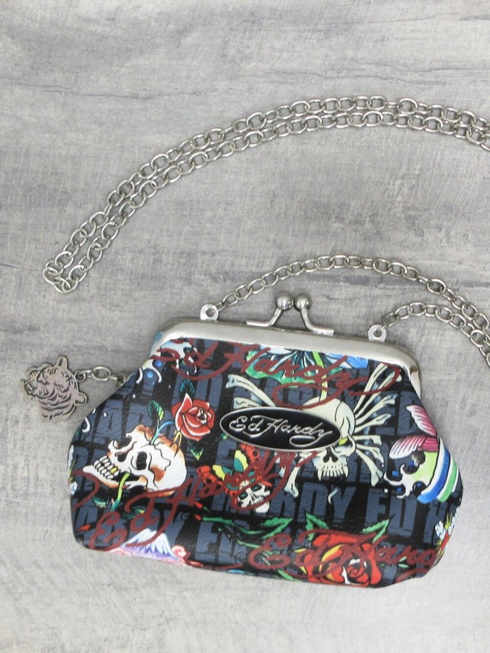 ED HARDY MINI CROSSBODY SHOULDER BAG KISS LOCK COIN PURSE CLUTCH TIGER CHARM